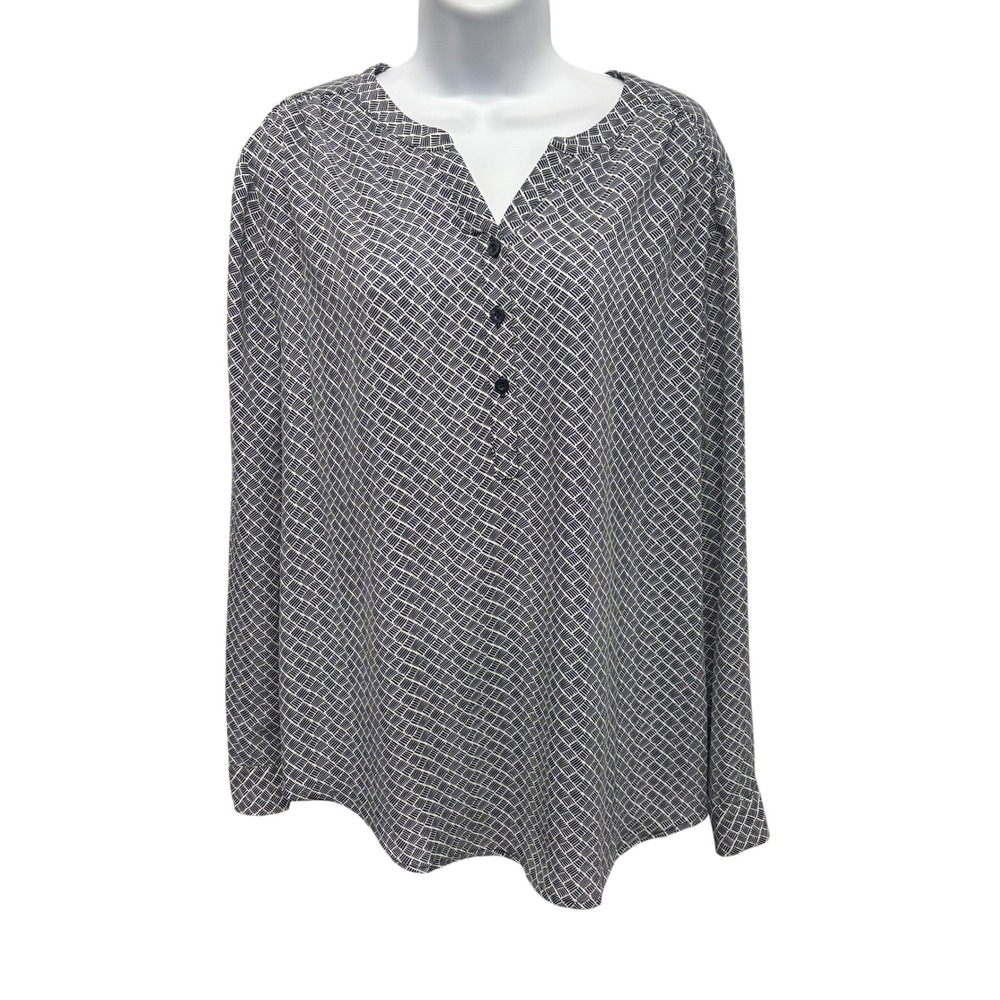 Chicos Womens Size‎ 2 Large Navy Blue Geometric Print Henley Blouse Long Sleeve